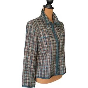 Y2K Tweed Blazer Womens 6P Teal Bouclé Boxy Short Zip Up VTG Sag Harbor Petites